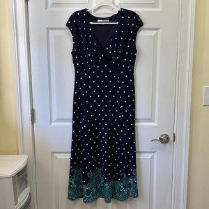Evan Picone Sleeveless Dress Size 12 Navy Teal Polka Dots Paisley Below Knee